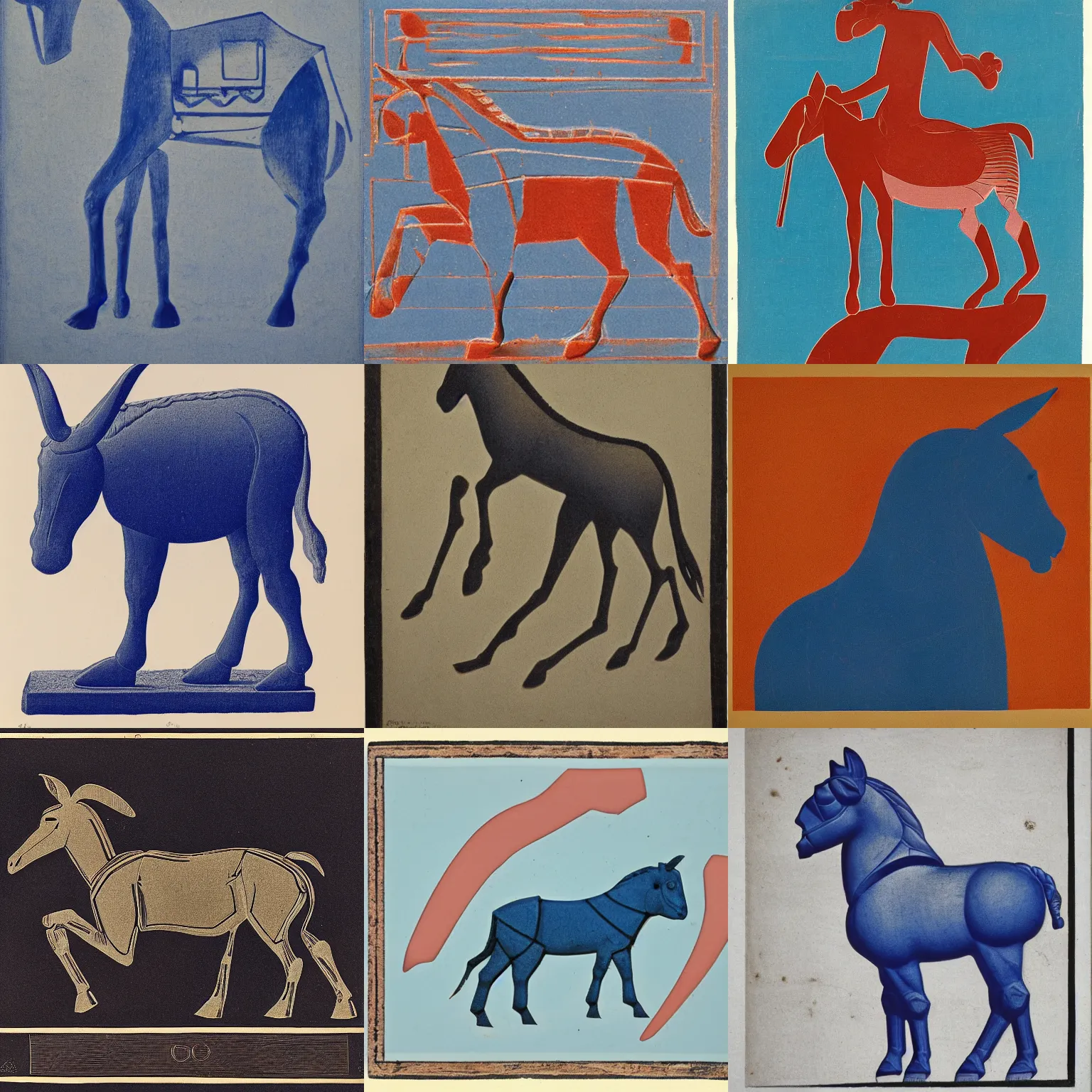 Prompt: lithograph of donkey in cycladic sculpture style, side view, silhouette, full body, solid colors, duotone, iconic, stylized, ultramarine blue and red iron oxide