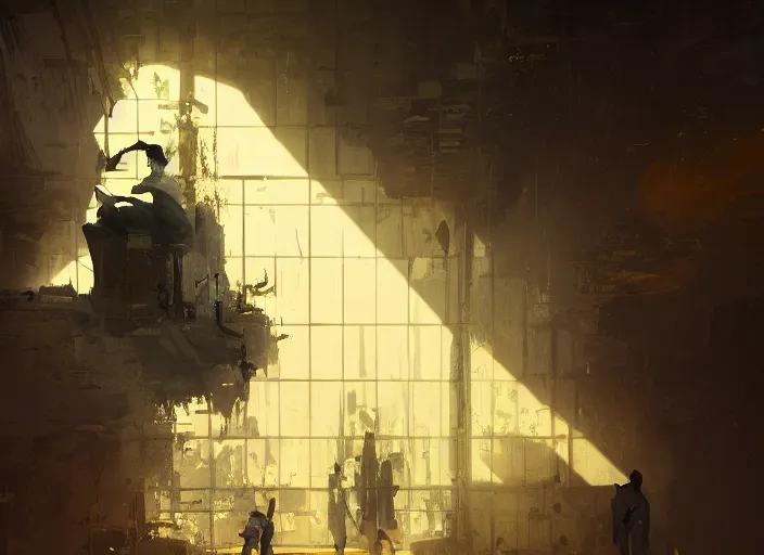 Image similar to the rich golden house and silhouette man lying on the floor alone around volumetric lighting, digital painting, highly detailed, artstation, sharp focus, illustration, concept art, ruan jia, steve mccurry, amazing composition