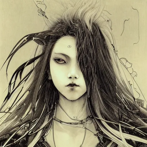 Image similar to yoshitaka amano realistic illustration of an anime girl with black eyes, wavy white hair fluttering in the wind and cracks on her face wearing elden ring armour with engraving, abstract black and white patterns on the background, noisy film grain effect, highly detailed, renaissance oil painting, weird portrait angle, blurred and dreamy polaroid photo, three quarter view