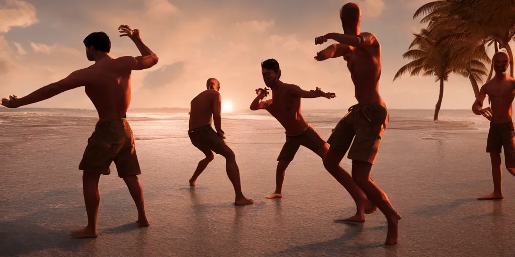 Image similar to 'dos hombres sin camisa llevando shortes bailando en la playa de San Juan, golden hour, photorealistic, extreme detail, octane render, artstation, unreal engine'