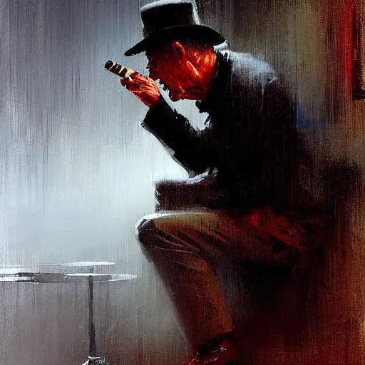 Prompt: lonely old man smoking a cigar, rainy night, painting by jeremy mann