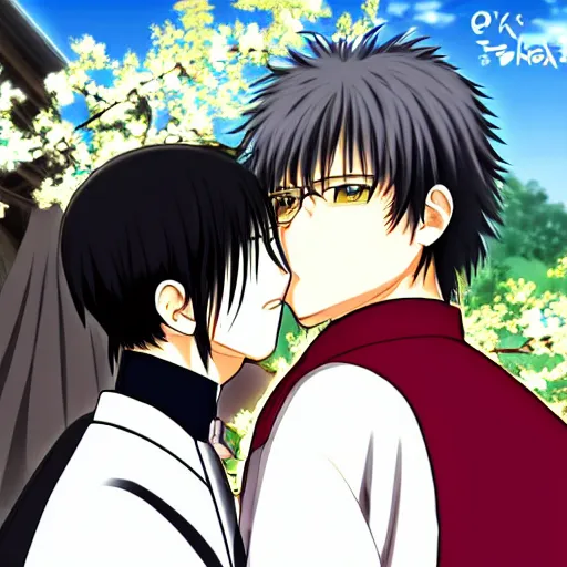 Image similar to Hijikata Toushirou kissing Okita Sougo,Official character illustration,Popular on Pixiv，Gintama,fantasy cherry blossom background