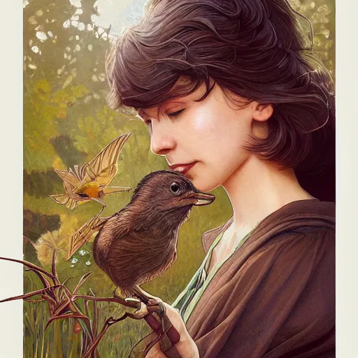 Image similar to clear portrait of bird, adorable appearance!!!, golden hour, happy apearance, cottagecore!!, background hyper detailed, character concept, full body, dynamic pose, intricate, elegant, highly detailed, digital painting, artstation, concept art, smooth, sharp focus, illustration, art by artgerm and greg rutkowski and alphonse mucha