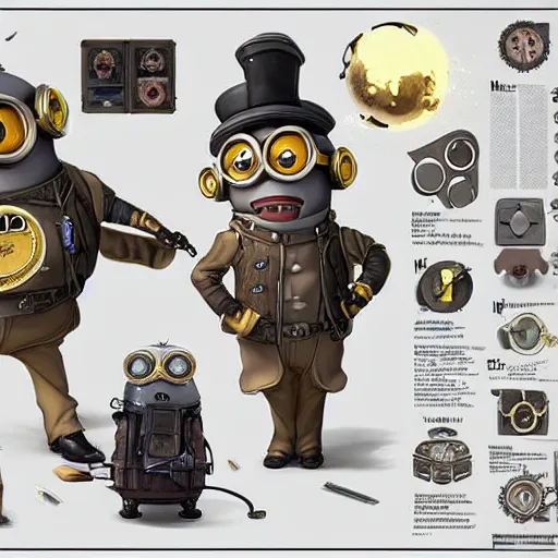 Image similar to a Steampunk minion from despicable me, character concept, character reference sheet. By Makoto Shinkai, Stanley Artgerm Lau, WLOP, Rossdraws, James Jean, Andrei Riabovitchev, Marc Simonetti, krenz cushart, Sakimichan, trending on ArtStation, digital art.