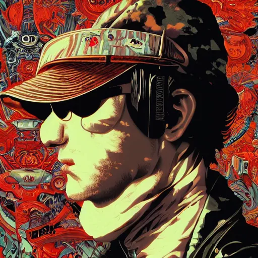 Image similar to portrait of hunter thompson, symmetrical, by yoichi hatakenaka, masamune shirow, josan gonzales and dan mumford, ayami kojima, takato yamamoto, barclay shaw, karol bak, yukito kishiro