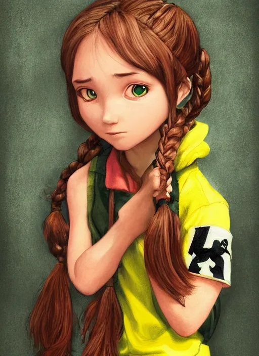 Prompt: An epic fantasy comic book style portrait painting of a young green-eyed feminine! boy, fair skin, long brown hair worn in two pigtails, with his left pigtail being shorter than his right, he wears a yellow hoodie with a grey undershirt, awesome pose, character design by Mark Ryden and Pixar and Hayao Miyazaki, unreal 5, DAZ, hyperrealistic, octane render, cosplay, RPG portrait, dynamic lighting, intricate detail, summer vibrancy, cinematic