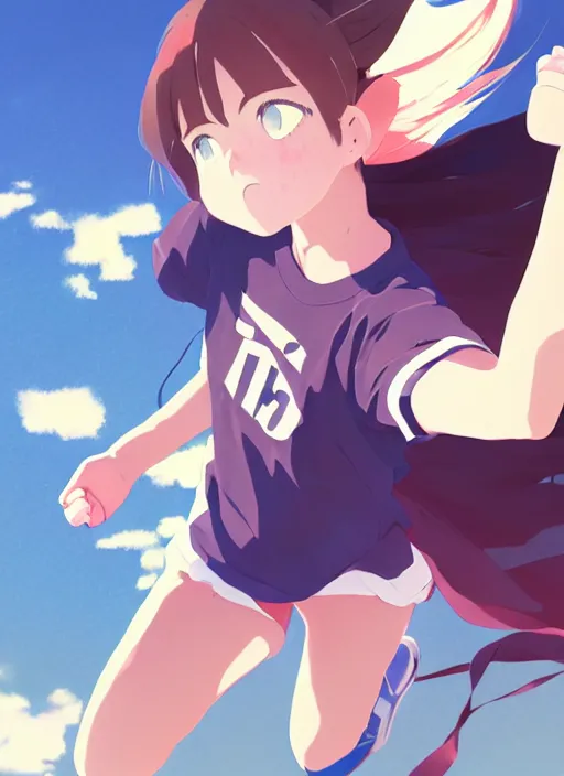 Prompt: portrait of high school runner girl, sunny sky background stadium landscape illustration concept art anime key visual trending pixiv fanbox by wlop and greg rutkowski and makoto shinkai and studio ghibli and kyoto animation short down hair sports clothing marathon race running shoes sponsors nike shirt