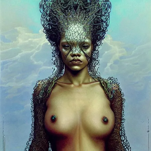 Prompt: rihanna by zdzisław beksinski, iris van herpen, raymond swanland and alphonse mucha. highly detailed, hyper - real, beautiful