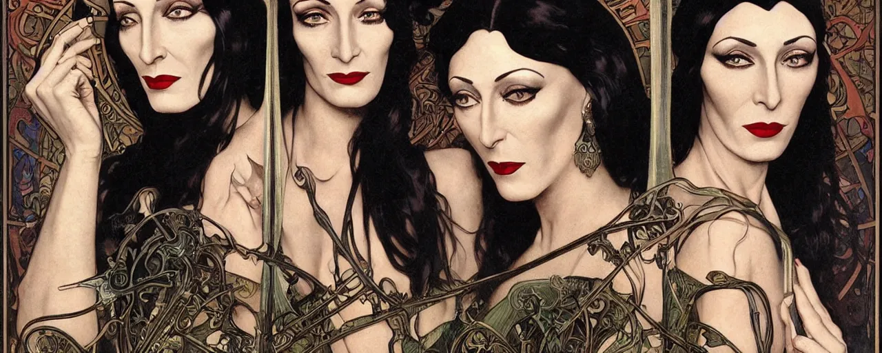 Image similar to stunning exotic art nouveau portrait of anjelica huston and morticia addams as industrial dieselpunk queens of the night by glenn fabry, simon bisley and alphonse mucha, photorealism, extremely hyperdetailed, perfect symmetrical facial features, perfect anatomy, ornate declotage, spikes, latex, confident expression, wry smile, sinister eyes