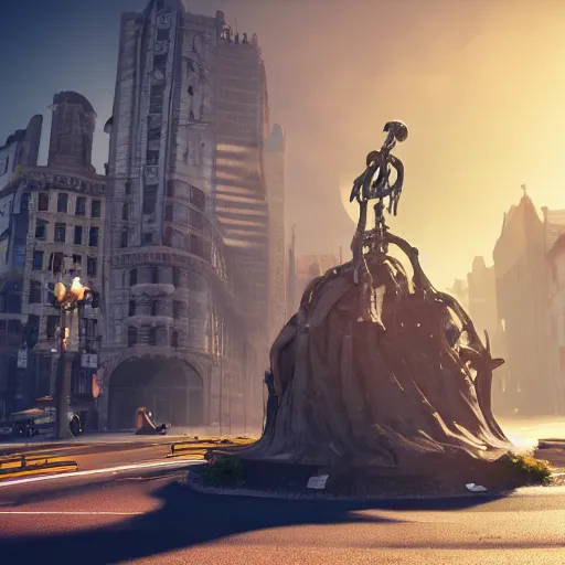 Image similar to Giant skeleton stands in the middle of the street, looks at the sun, volumetric lighting, hyperrealistic, beautiful details, HDR, octane render,