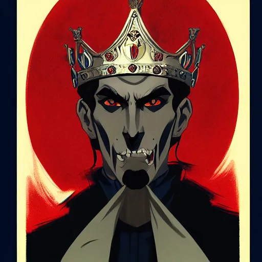 Image similar to handsome vampire king with crown and fangs, symmetrical face, evil, portrait, cinematic, dramatic, powerful, super detailed and intricate, by koson ohara, by darwyn cooke, by greg rutkowski, by satoshi kon