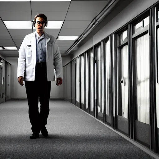 Image similar to a male scientist wearing a lab coat standing lost in the backrooms, mono - yellow old moist carpet infinite liminal space, very dark shadows, fluorescent lighting, horror movie scene, film grain