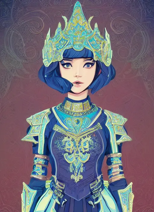 Image similar to a young woman in ornate, intricate blue full plate armor. the armor glows, bursting with light from the decoration. clean cel shaded vector art. shutterstock. behance hd by lois van baarle, artgerm, helen huang, by makoto shinkai and ilya kuvshinov, rossdraws, illustration, art by ilya kuvshinov