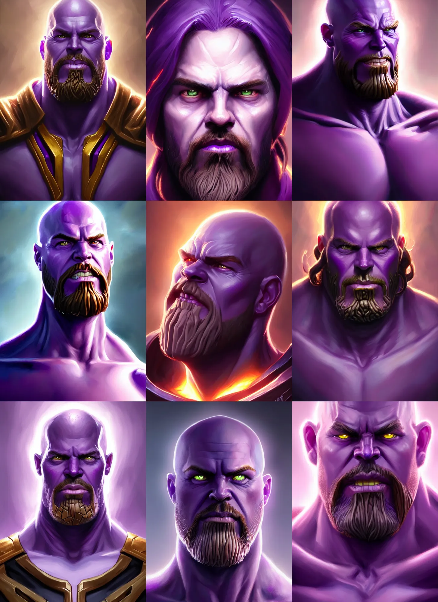 Prompt: a fantasy style portrait painting a character if jesus christ and thanos had a son, purple skin, powerful chin, thanos style traits, painting, unreal 5, daz., rpg, portrait, extremely detailed, artgerm greg rutkowski _ greg