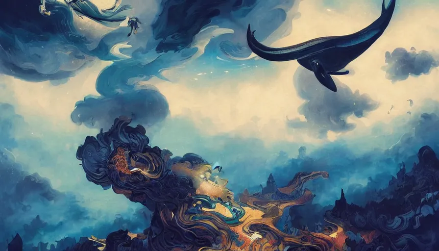 Prompt: man flying silhouette overlooking a multiversal otherworldly realm with flying whale with chic streets and shops and lush volcanic garden and intricate luxurious scifi homes, allegorical style, by peter mohrbacher, jeremy mann, francoise nielly, van gogh, ross tran, beautiful, award winning scenery, clean details, serene