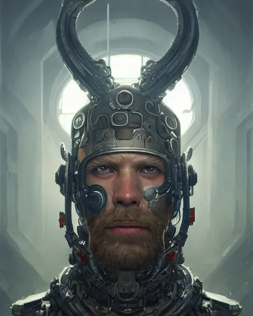 Image similar to portrait of a viking cyborg at clapham south tube station, real life skin, intricate, highly detailed, artstation, concept art, smooth, sharp focus, art by artgerm and greg rutkowski