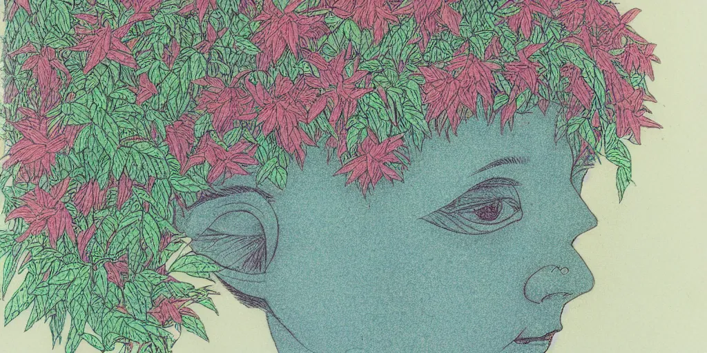 Image similar to risograph grainy drawing protagonist face, pastel colors, with huge piersing, face covered with plants and flowers, by moebius and satisho kon, close - up portrait, perfect blue, paprika