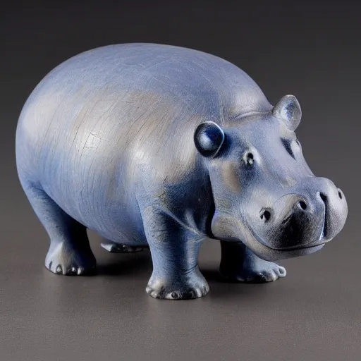 Image similar to small hippo statue, wood blocks bottom hippo body, blue chrome top hippo body, by a genius craftsman, highly detailed