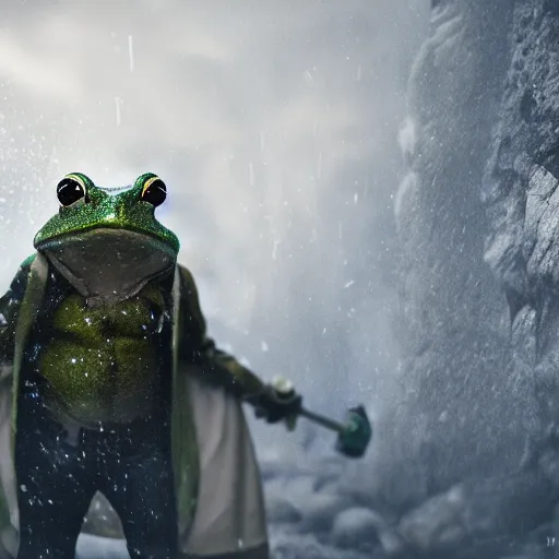 Prompt: frog time wizard spraying a freezing gale, epic, ( david and goliath ), cinematic, fantasy, digital art, 8 k