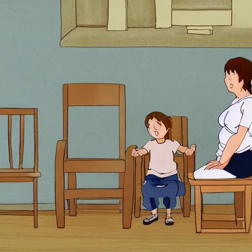 Prompt: my beautiful wife, sitting on a small wooden chair, with arms outstretched to our son for a hug, cartoon style, studio Ghibli, extreme detail, 8k