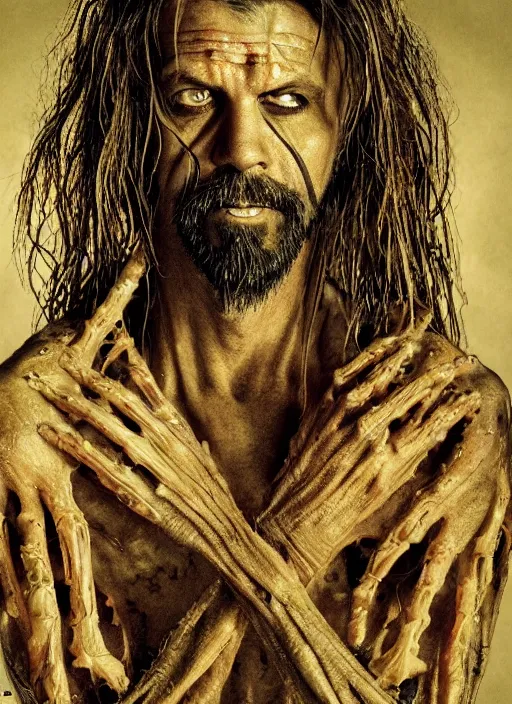 Image similar to portrait of rob zombie with translucent skin, visible muscles and veins and arteries and bones and spines and nerves, beautiful detailed intricate insanely detailed octane render, 8 k artistic photography, photorealistic, chiaroscuro, by david cronenberg, raphael, caravaggio