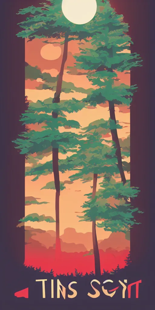 Prompt: shirt design, vector style, two groups of pines, big red sun, fresh modern look, made with photoshop,