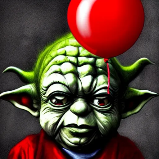 Image similar to surrealism grunge cartoon portrait sketch of yoda with a wide smile and a red balloon by - michael karcz, loony toons style, pennywise style, horror theme, detailed, elegant, intricate