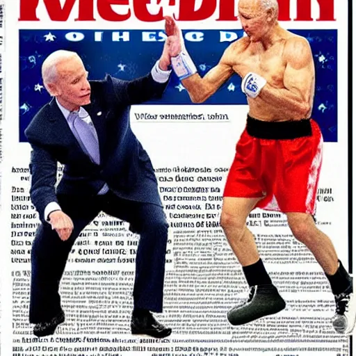 Prompt: biden boxing vladimir putin, newspaper photograph