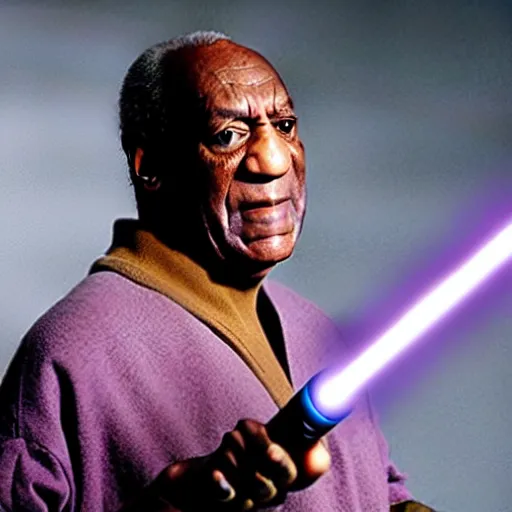 Prompt: Bill Cosby as a jedi with a purple light saber