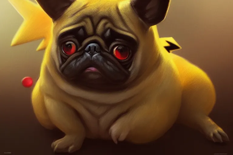 Image similar to photography of pikachu pug, deep focus, d & d, intricate, elegant, highly detailed, digital painting, artstation, concept art, matte, sharp focus, illustration, hearthstone, art by artgerm and greg rutkowski and alphonse mucha