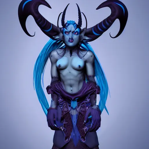 Image similar to female tiefling with blue skin, tendrils, and horns