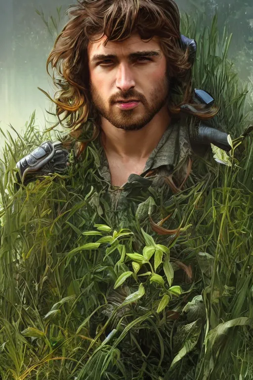 Image similar to handsome man as Rambo, wavy hairstyle, masculine figure, highly detailed, in a magical lush field of overgrown plants, digital painting, artstation, concept art, smooth, sharp focus, illustration, cinematic lighting, art by artgerm and greg rutkowski and alphonse mucha