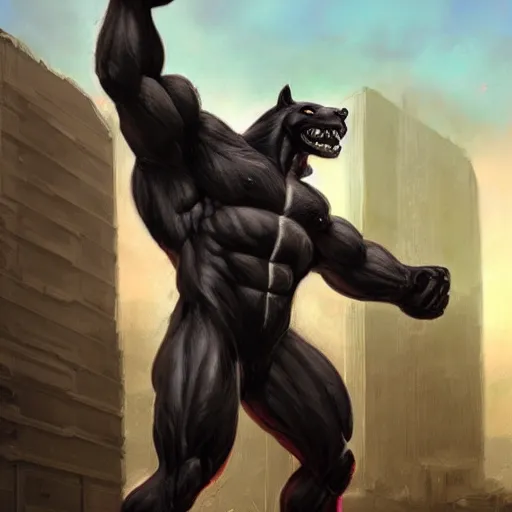 Image similar to a gigantically musclebound black - furred male anthro horse in a tactical outfit in a city warzone, absurdly hulking physique, furaffinity, furry art, highly detailed, digital painting, artstation, sharp focus, smooth, concept art, illustration, art by artgerm, greg rutkowski, wlop