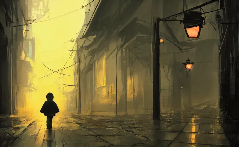 Prompt: A kid wearing a yellow raincoat walking thru a dark alley, red sky, sunset, eerie, scary, digital art made by Stanley Artgerm Lau, WLOP, Rossdraws, James Jean, Andrei Riabovitchev, Marc Simonetti, Yoshitaka Amano, ArtStation, CGSociety