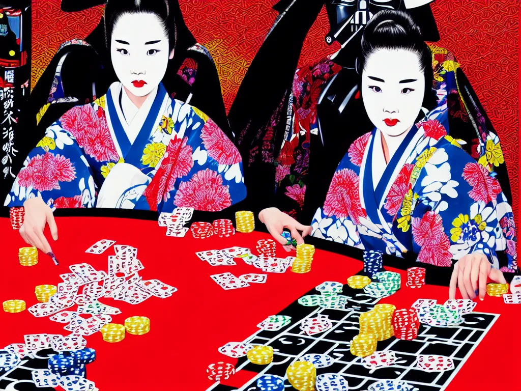 Image similar to hyperrealism composition of the detailed woman in a japanese kimono sitting at an extremely detailed poker table with darth vader, fireworks on the background, pop - art style, jacky tsai style, andy warhol style, acrylic on canvas