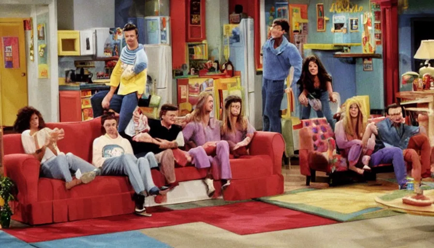 Image similar to 1990s photo of inside the Friends Show themed roller coaster at Universal Studios in Orlando, Florida, people riding a sofa coaster through the Friends apartments , cinematic, UHD