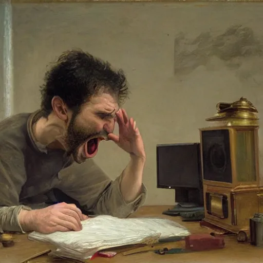 Image similar to an angry man yells at his computer monitor, oil on canvas, 1 8 8 3, highly detailed