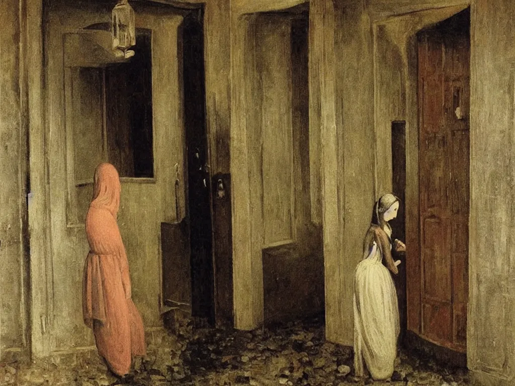 Image similar to woman standing in the doorway with coral. flood. painting by paul delvaux