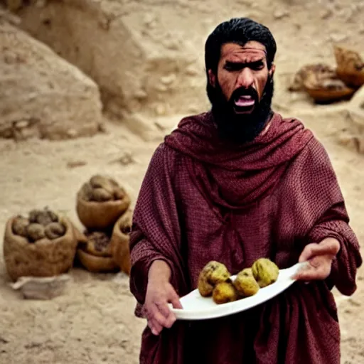 Prompt: cinematic still of angered middle eastern skinned man in ancient Canaanite clothing looking up while holding a plate of rotting fruit, mad, frustrated, jealous, Biblical epic by Christopher Nolan