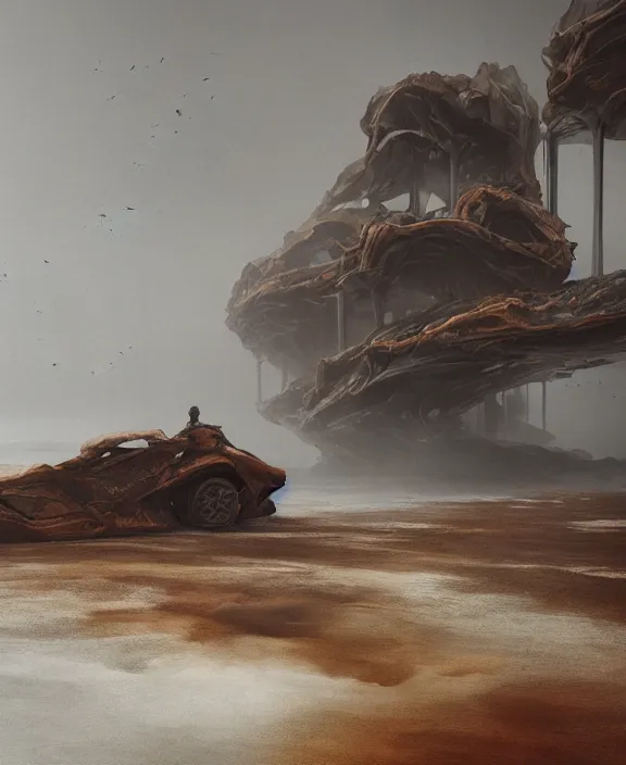 Image similar to surreal epic, masterpiece, romantic iris van herpen building, ancient ochre palette, impossible architecture by ruan jia, mecha floor, futuristic, blame, white architecture in the beach in iceland, foggy, highly detailed, digital painting, arstation, concept art, hyperealistic octane render, unreal engine