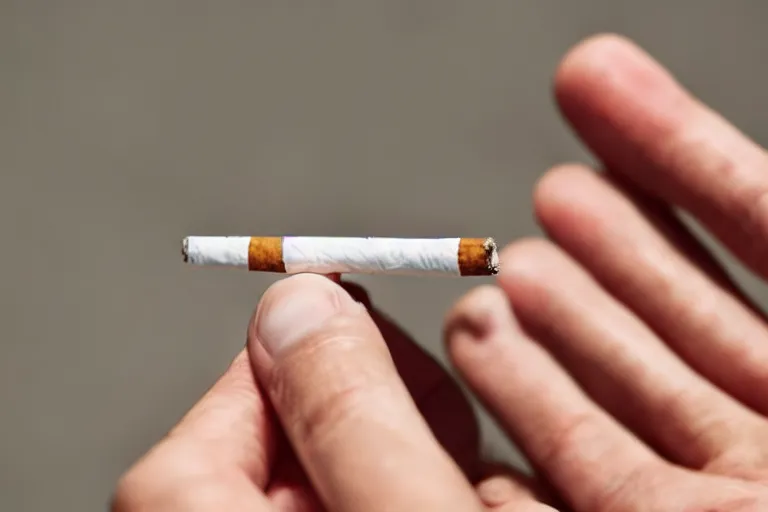 Image similar to Close-up of cigarette in five fingers, thin soft hand holding cigarette, hyper realistic, natural