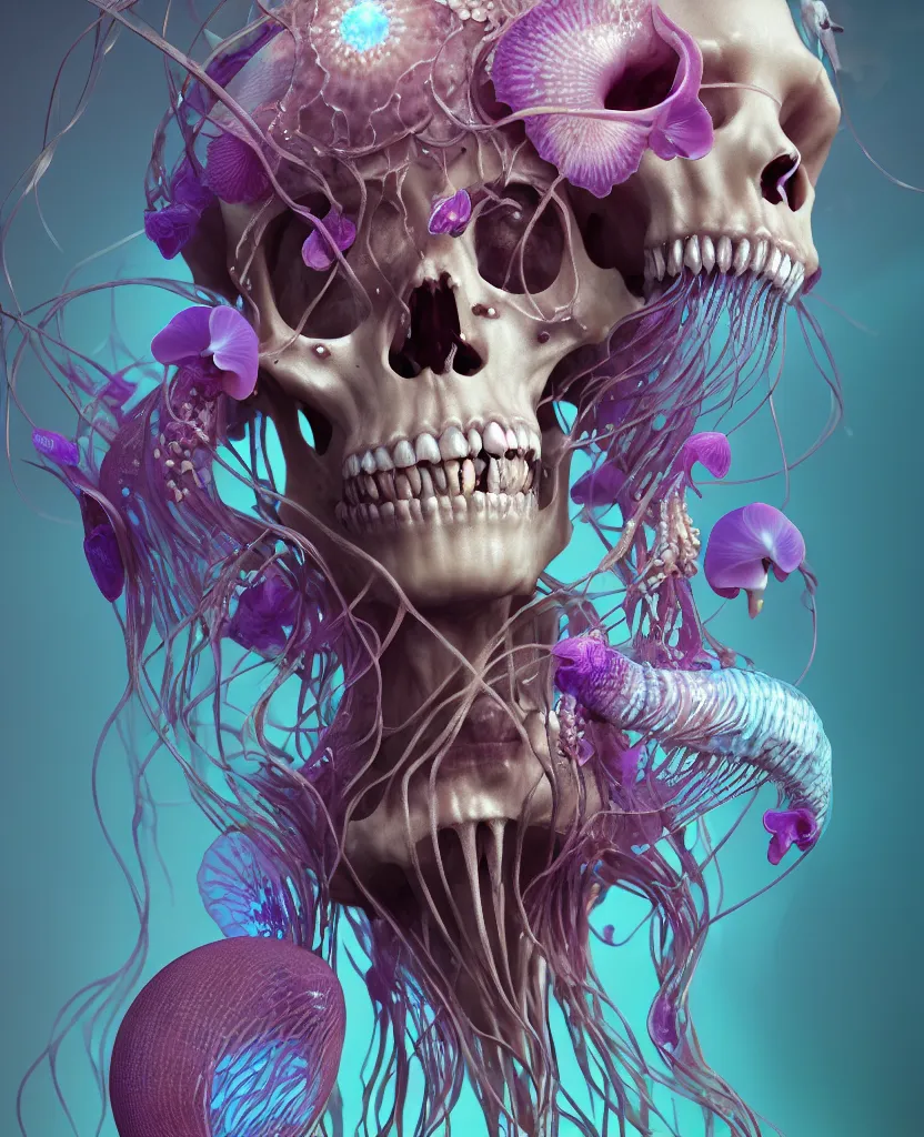 Image similar to goddess close - up portrait human skeleton, ram skull, jellyfish, orchid, betta fish, bioluminiscent, intricate artwork by tooth wu and wlop and beeple. octane render, trending on artstation, greg rutkowski very coherent symmetrical artwork. cinematic, hyper realism, high detail, octane render, 8 k