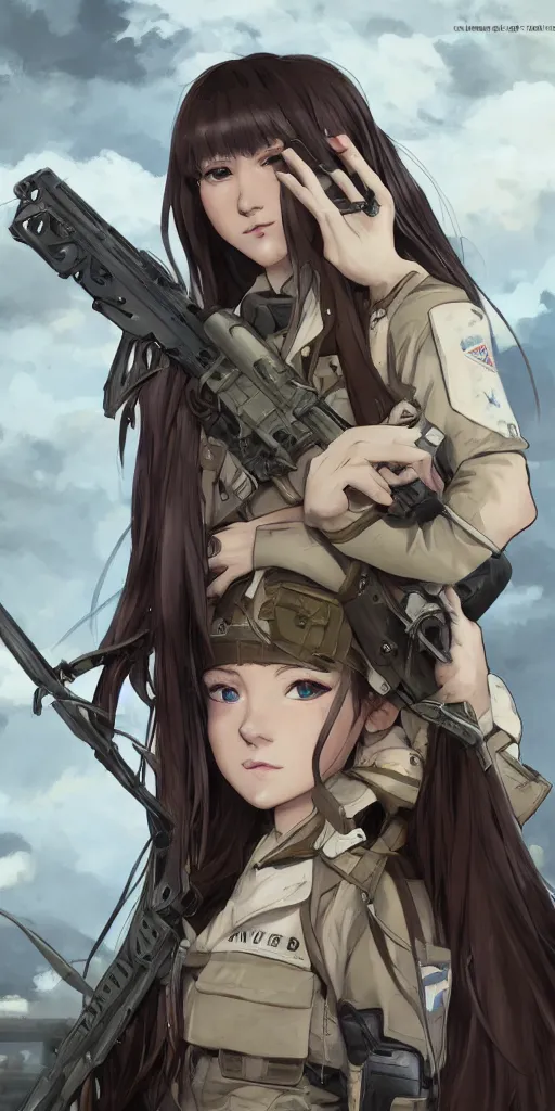 Image similar to soldier girl, concept art, anime style, long hair, hair down, symmetrical facial features, from girls frontline, hyper realistic, pale skin, 4 k, rule of thirds, extreme detail, detailed drawing, trending artstation, hd, fantasy, d & d, realistic lighting, by alphonse mucha, greg rutkowski, sharp focus, backlit, soldier clothing