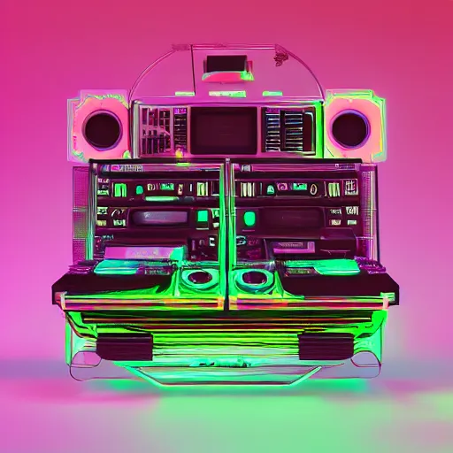 Image similar to cover art, album is called tripmachine, tripmachine, photo of a huge futuristic steampunk machinery made of boomboxes, connected with glowing tubes 8 k, fluorescent colors, halluzinogenic, multicolored, exaggerated detailed, front shot, 3 d render, octane