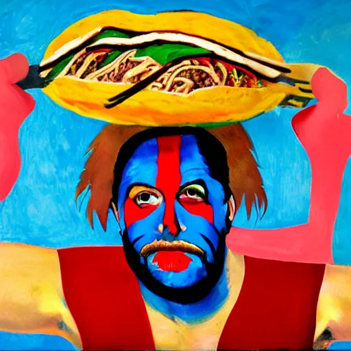 Image similar to expressionist painting of jim helwig the ultimate warrior wearing his signature face paint while lifting a gargantuan plate of tacos over his head, style of otto dix, hans mertens