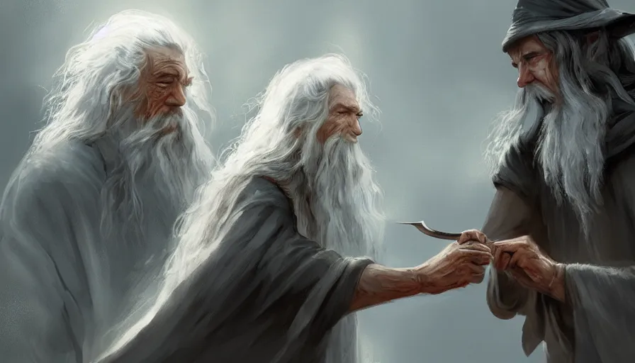 Image similar to concept art of gandalf giving frodo the one ring jama jurabaev, brush hard, artstation, high quality, brush stroke, soft lighting