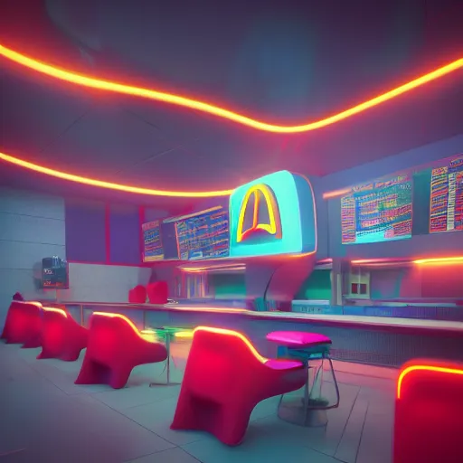 Image similar to “Futuristic McDonalds, octane render, vivid, neon, 8k, ultra realistic”