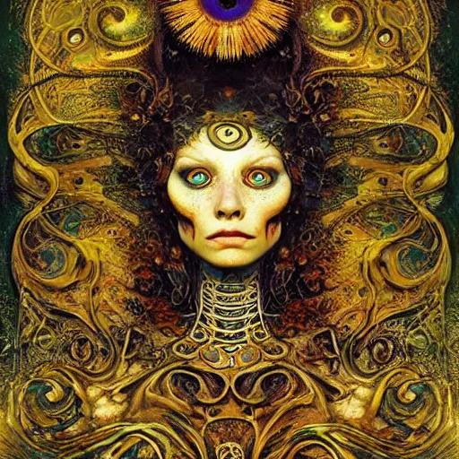 Prompt: Memento Mori by Karol Bak, Jean Deville, Gustav Klimt, and Vincent Van Gogh, beautiful visionary mystical portrait, calavera, otherworldly, fractal structures, ornate gilded medieval icon, third eye, spirals, calavera by Amano