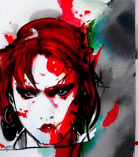 Image similar to Yoji Shinkawa's 'a tank with bright red lipstick', ink and colours on silk, trending on pixiv, zoomed out, monochrome, watercolour