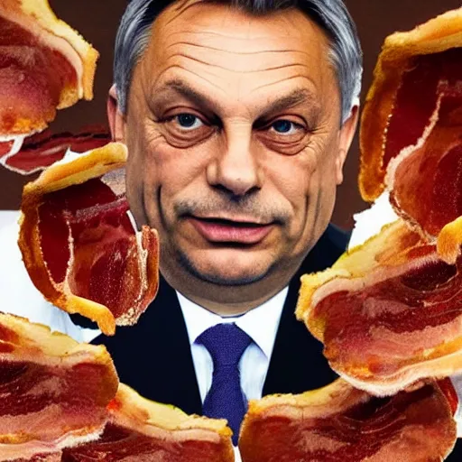 Prompt: portrait of viktor orban proudly sitting behind a table full of bacon